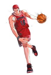 Rule 34 | 1boy, ball, basketball, basketball (object), basketball jersey, basketball uniform, bekhoemi, buzz cut, full body, highres, holding, holding ball, jersey, korean commentary, looking at viewer, male focus, red footwear, red hair, red shirt, red shorts, sakuragi hanamichi, shirt, short hair, shorts, simple background, slam dunk (series), sleeveless, smile, solo, sportswear, v-shaped eyebrows, very short hair, white background