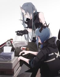 Rule 34 | 2girls, arknights, armband, bag, black gloves, black jacket, black shirt, blue hair, blush, book, book stack, breasts, ch&#039;en (arknights), chair, commentary, computer, desk, dragon horns, ear blush, gloves, great lungmen logo, green hair, grin, hair between eyes, hair over one eye, headpat, highres, horns, hoshiguma (arknights), jacket, ksnagare, laptop, long hair, looking at another, medium breasts, medium hair, multiple girls, paper, plastic bag, shirt, simple background, single horn, sitting, skin-covered horns, sleeveless, sleeveless shirt, smile, takeout container, tissue box, twintails, white background, yellow eyes