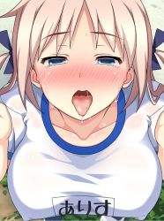Rule 34 | 1girl, aa-rance, bad id, bad twitter id, blonde hair, blue eyes, blue ribbon, blush, breasts, close-up, collarbone, commentary, covered erect nipples, crying, crying with eyes open, drooling, full-face blush, gym uniform, hair ribbon, half-closed eyes, large breasts, long hair, name tag, open mouth, original, pocky day, ribbon, saliva, solo, sweat, tears, tongue, tongue out, torogao, two side up