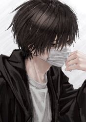 Rule 34 | 1boy, absurdres, black hair, black jacket, brown eyes, hair between eyes, highres, hood, hood down, hooded jacket, imai akira, jacket, long sleeves, male focus, mask, mouth mask, open clothes, open jacket, original, shirt, simple background, solo, surgical mask, upper body, white mask, white shirt
