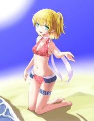 Rule 34 | 1girl, absurdres, alternate costume, barefoot, beach, bikini, bikini skirt, blonde hair, blurry, blurry background, breasts, closed mouth, commentary request, floral print, frilled bikini, frills, full body, green eyes, hair between eyes, half updo, highres, iwatobi hiro, kneeling, looking at viewer, medium breasts, mizuhashi parsee, navel, outstretched hand, pink bikini, pointy ears, sand, short hair, short ponytail, smile, solo, swimsuit, thigh strap, touhou, water