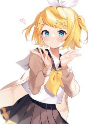 Rule 34 | 1girl, aqua eyes, black skirt, blonde hair, blowing kiss, blush, bow, brown cardigan, cardigan, corrupted twitter file, hair bow, hair ornament, hairpin, heart, heart-shaped pupils, highres, kagamine rin, looking at viewer, neckerchief, niwa (niwaniwa 1227), one side up, pleated skirt, school uniform, serafuku, simple background, skirt, solo, swept bangs, symbol-shaped pupils, vocaloid, white background, yellow neckerchief