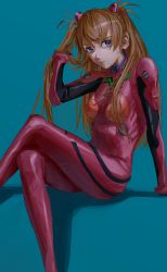 Rule 34 | 1girl, absurdres, arm support, artist request, blue eyes, bodysuit, bracer, breasts, brown hair, crossed legs, gloves, hair between eyes, hair ornament, hand in own hair, highres, long hair, looking at viewer, medium breasts, neon genesis evangelion, plugsuit, shiny clothes, simple background, sitting, skin tight, solo, souryuu asuka langley, turtleneck, two side up
