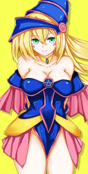 Rule 34 | 1girl, arms behind back, artist request, bare legs, bare shoulders, blonde hair, blue gemstone, blue hat, blush, blush stickers, breasts, cleavage, closed mouth, collar, collarbone, cowboy shot, curvy, dark magician girl, dress, duel monster, eyes visible through hair, female focus, gem, green eyes, hair between eyes, hat, jewelry, large breasts, legs, long hair, looking at viewer, magical girl, neck, necklace, off-shoulder dress, off shoulder, pentagram (witchcraft), revealing clothes, shiny skin, short dress, simple background, smile, solo, standing, strapless, strapless dress, waist cape, yellow background, yu-gi-oh!