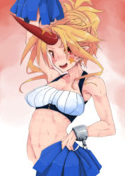 Rule 34 | 1girl, abs, ankoku emu shougun, arm up, bad id, bad pixiv id, blonde hair, breasts, female focus, horns, hoshiguma yuugi, large breasts, long hair, navel, open mouth, pointy ears, pom pom (cheerleading), red eyes, single horn, smile, solo, touhou