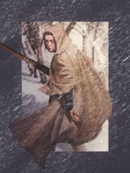 Rule 34 | 1boy, arisaka, black eyes, black hair, blizzard, blue jacket, bolt action, cape, commentary, english commentary, facial hair, facial scar, forest, framed, from side, gaiters, golden kamuy, grey background, gun, hair slicked back, hair strand, highres, holding, holding gun, holding weapon, hood, hood up, hooded cape, imperial japanese army, jacket, long sleeves, looking at viewer, looking to the side, male focus, military, military uniform, nature, ogata hyakunosuke, outdoors, rifle, rolo tomassi, scar, scar on cheek, scar on face, short hair, simple background, snow, snowflakes, solo, standing, stubble, tree, undercut, uniform, weapon, white cape