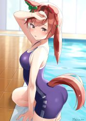 Rule 34 | 1girl, animal ears, arm up, ass, backlighting, bare arms, bare shoulders, barefoot, blue one-piece swimsuit, blurry, blurry background, blush, bow, breasts, brown eyes, brown hair, commentary request, competition school swimsuit, dated, depth of field, ear bow, from side, highres, hirota fruit, horse ears, horse girl, horse tail, looking at viewer, looking to the side, medium breasts, multicolored hair, nice nature (umamusume), on one knee, one-piece swimsuit, parted lips, pool, poolside, purple one-piece swimsuit, school swimsuit, soles, solo, streaked hair, swimsuit, tail, twintails, twitter username, umamusume, wet, wet hair