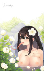 Rule 34 | 10s, 1girl, absurdres, anationkgt, asui tsuyu, black hair, boku no hero academia, breasts, brown eyes, cleavage, flower, hair ornament, highres, large breasts, long hair, long tongue, looking at viewer, nipples, nude, solo, tongue, tongue out, upper body, water