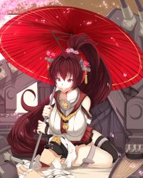 Rule 34 | 10s, 1boy, 1girl, admiral (kancolle), black thighhighs, blush, breasts, brown hair, cherry blossoms, detached sleeves, flower, hair flower, hair ornament, hews, highres, kantai collection, large breasts, long hair, miniskirt, oil-paper umbrella, petals, ponytail, red eyes, single thighhigh, sitting, skirt, smile, thighhighs, umbrella, very long hair, yamato (kancolle)