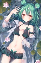 Rule 34 | 1girl, :o, arm strap, arm up, bare shoulders, beliatan, bikini, bikini skirt, black bikini, blush, bow, braid, commentary, cowboy shot, double bun, flower, green hair, groin, hair bow, hair bun, hair ornament, halterneck, hand on own chest, highres, hololive, lily pad, long hair, looking at viewer, lying, navel, on back, partially submerged, petals, pink flower, red eyes, see-through, shirt, skull hair ornament, solo, stomach, swimsuit, uruha rushia, virtual youtuber, water, wet, wet clothes, wet shirt, white shirt
