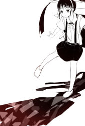 Rule 34 | 1girl, backpack, bag, bakemonogatari, hachikuji mayoi, monochrome, monogatari (series), outstretched arms, solo, sorethroat, spread arms, suspenders, twintails