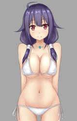 Rule 34 | 10s, 1girl, ahoge, bad id, bad pixiv id, bare shoulders, bikini, blush, breasts, cleavage, collarbone, female focus, jewelry, kantai collection, large breasts, long hair, looking at viewer, low twintails, lowleg, lowleg bikini, navel, necklace, pendant, purple hair, red eyes, side-tie bikini bottom, smile, solo, standing, stomach, swimsuit, taigei (kancolle), terakoya, thigh gap, twintails, white bikini