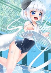 Rule 34 | 1girl, absurdres, aiming, aiming at viewer, black one-piece swimsuit, blue eyes, blunt bangs, bob cut, chain-link fence, commentary request, cowboy shot, empty pool, fence, highres, hose, konpaku youmu, looking at viewer, one-piece swimsuit, open mouth, pool, pov, rital, school swimsuit, shirt, short hair, silver hair, smile, solo, spraying, swimsuit, t-shirt, tied shirt, touhou, water, white shirt