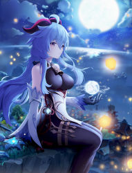 Rule 34 | 1girl, ahoge, architecture, bare shoulders, bell, black gloves, black legwear, blue flower, blue hair, bow, breasts, chinese knot, city, cloud, detached sleeves, east asian architecture, flower, flower knot, full moon, ganyu (genshin impact), genshin impact, glaze lily, gloves, gold trim, highres, horns, lantern, long hair, looking at viewer, low ponytail, medium breasts, moon, neck bell, night, ocean, orb, outdoors, paper lantern, purple eyes, qilin (mythology), sidelocks, sitting, smile, solo, surcae, thighlet, thighs, vision (genshin impact), white sleeves