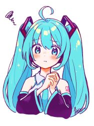 Rule 34 | 1girl, ahoge, aoiyui, bare shoulders, black sleeves, blue eyes, blue hair, blue nails, blush, collared shirt, cropped torso, detached sleeves, dot nose, frilled shirt, frills, frown, furrowed brow, hair between eyes, hatsune miku, highres, long hair, long sleeves, looking at viewer, nail polish, number tattoo, own hands clasped, own hands together, shirt, sidelocks, signature, simple background, sleeveless, sleeveless shirt, solo, squiggle, tattoo, twintails, vocaloid, white background, white shirt