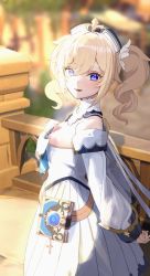 Rule 34 | 1girl, barbara (genshin impact), bare shoulders, blonde hair, blue eyes, blush, book, breasts, cleavage, dress, genshin impact, highres, long hair, looking at viewer, medium breasts, open mouth, smile, solo, twintails, white dress, white headwear, white sleeves, xiujia yihuizi