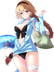 Rule 34 | 1girl, arms up, bag, bikini, black bikini, black bow, blue jacket, bow, braid, breasts, brown hair, cleavage, fate/grand order, fate (series), floral print, garter straps, hairband, head tilt, highres, holding, holding swim ring, hood, hoodie, innertube, jacket, jeanne d&#039;arc (fate), jeanne d&#039;arc (ruler) (fate), jeanne d&#039;arc (swimsuit archer) (fate), jeanne d&#039;arc (swimsuit archer) (first ascension) (fate), large breasts, long hair, long sleeves, looking at viewer, multicolored hair, open clothes, open jacket, purple eyes, ribbon, rikudou inuhiko, shoulder bag, simple background, single braid, smile, solo, swim ring, swimsuit, two-tone hair, very long hair, white background