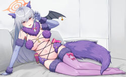 Rule 34 | 1girl, absurdres, animal ears, arm support, back bow, bare shoulders, blue archive, blue gloves, bow, braid, breasts, breasts apart, claw pose, commentary request, cosplay, demon wings, fake animal ears, fang, fate/grand order, fate (series), full body, fur-trimmed gloves, fur-trimmed thighhighs, fur bikini, fur collar, fur trim, gloves, grey hair, halo, haruna (blue archive), highres, indoors, large breasts, long hair, looking at viewer, mash kyrielight, mash kyrielight (cosplay), mash kyrielight (dangerous beast), mash kyrielight (dangerous beast) (cosplay), mola (mola526), navel, no shoes, open mouth, orange halo, purple thighhighs, red eyes, revealing clothes, side braid, single wing, skin fang, solo, stomach, tail, thighhighs, wings, wolf ears, wolf tail