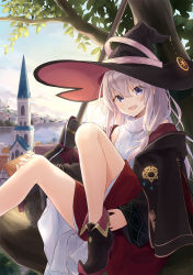 Rule 34 | 1girl, azuuru, bare legs, bare shoulders, black coat, black footwear, black hat, boots, broom, building, city, coat, day, elaina (majo no tabitabi), hair between eyes, hat, highres, knees up, long hair, long sleeves, looking at viewer, majo no tabitabi, off shoulder, open mouth, outdoors, purple eyes, ribbed sweater, sidelocks, silver hair, sitting, sleeveless, sleeveless turtleneck, smile, solo, sunlight, sweater, textless version, tree, turtleneck, witch, witch hat