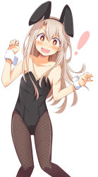 Rule 34 | !, 1girl, alternate costume, animal ears, bare shoulders, black pantyhose, blonde hair, blush, chata maru (irori sabou), collarbone, commentary request, fake animal ears, fate/grand order, fate (series), flat chest, hair between eyes, highres, illyasviel von einzbern, leaning to the side, leotard, long hair, looking at viewer, open mouth, pantyhose, playboy bunny, rabbit ears, red eyes, simple background, solo, white background, wrist cuffs