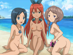 Rule 34 | 3girls, ass, beach, blue eyes, blue hair, breasts, brown hair, camera, cleft of venus, collar, green eyes, hair ornament, inazuma eleven (series), inazuma eleven go, looking at viewer, looking back, lowres, multiple girls, nipples, nude, outdoors, purple eyes, pussy, red hair, ribbon hair, seto midori, sitting, sorano aoi, yamana akane