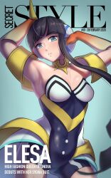Rule 34 | 1girl, armlet, armpits, black bodysuit, black hair, blunt bangs, blurry, bodysuit, breasts, character name, cleavage, commentary request, cover, cowboy shot, creatures (company), elesa (pokemon), elesa (sygna suit) (pokemon), english text, fake magazine cover, game freak, gloves, gradient gloves, green background, green eyes, headphones, highres, looking at viewer, magazine cover, medium breasts, negaska, nintendo, official alternate costume, parted lips, pokemon, pokemon masters ex, short hair with long locks, solo
