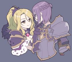 Rule 34 | 2girls, absurdres, armor, bad id, bad pixiv id, blonde hair, braid, breastplate, breasts, brown eyes, christina (princess connect!), cleavage, cropped torso, eye contact, eyebrows hidden by hair, fur trim, gauntlets, grey background, hair between eyes, hair ornament, hand on another&#039;s chin, hand on another&#039;s face, high ponytail, highres, ichiren namiro, jun (princess connect!), long hair, looking at another, multiple girls, ponytail, princess connect!, profile, purple eyes, purple hair, simple background, split mouth, upper body, yuri