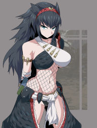 Rule 34 | 1girl, animal ears, black hair, blue eyes, breasts, capcom, cropped legs, fishnets, forest, gloves, hairband, highres, large breasts, long hair, looking at viewer, midriff, monster hunter, monster hunter: world, monster hunter (series), nargacuga (armor), nature, navel, shimure (460), solo, thighhighs