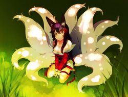 Rule 34 | 1girl, ahri (league of legends), animal ears, bare shoulders, black hair, breasts, cleavage, detached sleeves, facial mark, fox ears, fox tail, highres, korean clothes, large breasts, league of legends, long hair, looking at viewer, looking up, multiple tails, nail polish, savi (byakushimc), sitting, slit pupils, solo, tail, whisker markings, yellow eyes