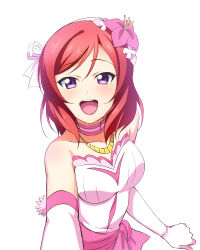 Rule 34 | 10s, 1girl, :d, blush, choker, collarbone, dress, elbow gloves, eyebrows, female focus, flower, gloves, hair flower, hair ornament, hair ribbon, hairband, happy, highres, jewelry, looking at viewer, love live!, love live! school idol festival, love live! school idol project, neck garter, nishikino maki, open mouth, purple eyes, red hair, ribbon, short hair, smile, solo, strapless, upper body, white gloves, white ribbon, yu-ta