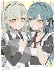 Rule 34 | 2girls, apron, bang dream!, bang dream! it&#039;s mygo!!!!!, black choker, black dress, blue hair, character name, choker, closed mouth, cross, cross necklace, dated, dress, finger heart, green hair, green ribbon, grid background, hair ribbon, heart, highres, holding, holding tray, jewelry, juliet sleeves, long hair, long sleeves, maid, maid apron, me a (r party428), multiple girls, neck ribbon, necklace, puffy sleeves, red ribbon, ribbon, short sleeves, togawa sakiko, translated, tray, twitter username, upper body, wakaba mutsumi, white apron, yellow background, yellow eyes