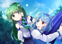 Rule 34 | 2girls, absurdres, blue eyes, blue hair, blue skirt, blue vest, blush, closed mouth, cloud, cloudy sky, collared shirt, cowboy shot, detached sleeves, frog, frog hair ornament, green eyes, green hair, hair ornament, hair tubes, heterochromia, highres, holding, holding umbrella, japanese clothes, juliet sleeves, kochiya sanae, long hair, long skirt, long sleeves, miko, moyashi (oekaki touhou), multiple girls, nontraditional miko, open mouth, outdoors, puffy sleeves, purple umbrella, red eyes, shirt, short hair, skirt, sky, sleeveless, sleeveless shirt, smile, snake, snake hair ornament, star (symbol), tatara kogasa, touhou, umbrella, upper body, vest, white shirt