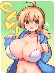 Rule 34 | 100 percent orange juice, 1girl, :d, ahoge, bikini, bikini under clothes, blue jacket, blush, border, breasts, brown eyes, character name, cleavage, collarbone, english text, gradient background, green background, hair between eyes, happy, heart, highres, huge breasts, jacket, light brown hair, long hair, long sleeves, looking at viewer, low ponytail, matching hair/eyes, navel, nisemono faker, open clothes, open jacket, open mouth, outside border, pinching sleeves, ponytail, saki (orange juice), short ponytail, simple background, skindentation, sleeves past wrists, smile, solo, string bikini, suguri, swimsuit, upper body, white bikini, yellow background