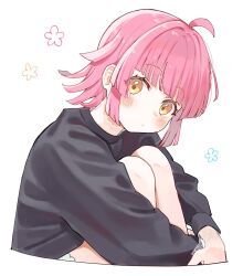 Rule 34 | 1girl, ahoge, black sweater, blunt bangs, blunt ends, blush, commentary, expressionless, eyelashes, highres, hugging own legs, lace-trimmed sleeves, lace collar, lace trim, long sleeves, looking at viewer, love live!, love live! nijigasaki high school idol club, pink hair, see-through, shijimi kozou, short hair, sidelocks, sitting, solo, sweater, tennoji rina, white background, yellow eyes