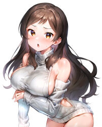 Rule 34 | 1girl, bare shoulders, blush, breasts, brown eyes, brown hair, detached sleeves, dress, halterneck, highres, idolmaster, idolmaster million live!, kitazawa shiho, large breasts, leaning forward, long hair, looking at viewer, meme attire, naked sweater, open mouth, parted bangs, qianlou (qianlou12374), ribbed sweater, sideboob, simple background, sleeveless, sleeveless sweater, sleeveless turtleneck, sleeves past wrists, solo, sweat, sweater, sweater dress, turtleneck, turtleneck sweater, virgin killer sweater, white background, white sweater