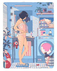 Rule 34 | 1girl, animal, aorkgk, bare arms, bare legs, bare shoulders, barefoot, basket, bathroom scale, black hair, bob cut, border, bra, breasts, cat, clock, curtains, day, detergent, digital clock, flat color, flower, foam, framed, full body, hair dryer, highres, indoors, lifebuoy, lingerie, looking down, mirror, navel, negligee, original, panties, plant, potted plant, profile, reflection, shadow, shelf, short hair, small breasts, solo focus, standing, sunlight, swim ring, table, toothbrush, towel, underwear, underwear only, vase, washing machine, weighing scale, white border, white flower, window, window blinds