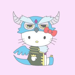 Rule 34 | amon (p&amp;d), amon (p&amp;d) (cosplay), beak, bird, bow, claws, cloak, cosplay, hello kitty, horns, owl, puzzle &amp; dragons, sanrio, tail, whiskers, wings, yellow eyes