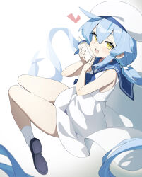 Rule 34 | 1girl, absurdres, baby bottle, blue hair, blue sailor collar, blush, bottle, dress, hair between eyes, hat, heart, highres, holding, long hair, looking at viewer, low twintails, midsummerw, open mouth, original, sailor collar, sailor dress, shoes, sidelocks, simple background, sleeveless, sleeveless dress, socks, solo, twintails, very long hair, white background, white dress, white socks, yellow eyes