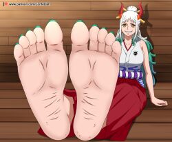 Rule 34 | 1girl, aqua hair, bare shoulders, barefoot, breasts, confettish, female focus, foot focus, horns, large breasts, long hair, looking at viewer, multicolored hair, one piece, orange eyes, sideboob, sitting, smile, soles, solo, teeth, toes, white hair, yamato (one piece)
