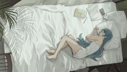Rule 34 | 1girl, aqua hair, barefoot, book, cellphone, chair, chemise, closed eyes, flip-flops, from above, highres, indoors, long hair, lying, momo 784e, no mouth, notebook, on bed, on side, original, pencil, phone, pillow, plant, profile, ribbon, sandals, shadow, shoes, unworn shoes, short shorts, shorts, sleeping, smartphone, solo, spaghetti strap, very long hair, white chemise, white ribbon, white shorts, wooden chair, wooden floor
