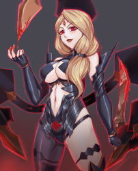 Rule 34 | 1girl, blonde hair, blood, breasts, center opening, clothing cutout, cosplay, dark persona, fire emblem, fire emblem: three houses, highres, holding, holding sword, holding weapon, kronya (fire emblem), kronya (fire emblem) (cosplay), large breasts, leebigtree, long hair, low ponytail, mercedes von martritz, navel, navel cutout, nintendo, open mouth, red eyes, simple background, solo, sword, weapon
