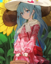 Rule 34 | 1girl, absurdres, bag, basket, blue eyes, blue hair, bow, closed mouth, cowboy shot, dress, flower, handbag, hat, hat bow, hatsune miku, highres, holding, holding basket, light blue hair, long hair, long sleeves, looking at viewer, mihoranran, outdoors, pink bow, pink dress, plaid, plaid dress, puffy long sleeves, puffy sleeves, red bag, scarf, solo, standing, sun hat, sunflower, twintails, vocaloid, white hat, white scarf