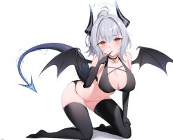 Rule 34 | 1girl, :o, absurdres, arknights, bare shoulders, bikini, black bikini, black gloves, black thighhighs, black wings, blush, breasts, cleavage, collarbone, collared shirt, commentary, demon wings, dragon girl, dragon horns, dragon tail, elbow gloves, electricity, english commentary, finger to mouth, full body, gloves, grey hair, heart, highres, horns, kneeling, large breasts, leaning forward, liskarm (arknights), long hair, looking back, navel, open mouth, ponytail, red hair, shirt, simple background, solo, swimsuit, tail, thighhighs, white background, wings, xooku