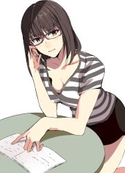 Rule 34 | 1girl, book, breasts, brown hair, cleavage, collarbone, glasses, highres, kneeling, ogros, original, shirt, solo, striped clothes, striped shirt, table, v-neck, white background, yellow eyes