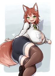 Rule 34 | 1girl, absurdres, animal ear fluff, animal ears, ass, breast pocket, breasts, bright pupils, button gap, cleavage, commission, fang, fox ears, fox tail, green eyes, grey background, heart, highres, huge breasts, ichika (ichika manga), lying, on side, open mouth, original, pocket, red hair, shirt, short hair, shorts, simple background, smile, solo, tail, thick thighs, thighhighs, thighs, white shirt