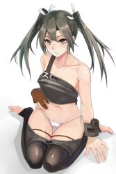 Rule 34 | 10s, 1girl, barefoot, breasts, commentary request, gloves, graphite (medium), green hair, kantai collection, long hair, muneate, naga1047, naked muneate, navel, panties, partially fingerless gloves, partly fingerless gloves, sideboob, sitting, solo, traditional media, twintails, underwear, white background, yugake, zuikaku (kancolle)