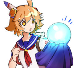 Rule 34 | + +, 1girl, :o, ball, brown hair, clover hair ornament, commentary request, crystal ball, glowing, hair ornament, highres, holding, holding ball, holding strap, matikanefukukitaru (umamusume), michia (bourgognepony), neckerchief, notice lines, open mouth, sailor collar, shirt, short hair, short sleeves, simple background, solo, umamusume, upper body, v-shaped eyebrows, white background, white shirt, yellow eyes