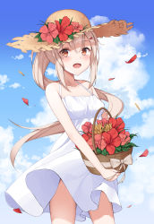 Rule 34 | 1girl, absurdres, alternate costume, ayanami (azur lane), azur lane, bad id, bad pixiv id, bare arms, bare legs, bare shoulders, basket, blue sky, blush, breasts, cloud, collarbone, commentary request, cowboy shot, day, dress, falling petals, flower, flower basket, hair between eyes, hat, hat flower, hibiscus, highres, holding, holding basket, long hair, looking at viewer, okappa (bobbed001), open mouth, outdoors, petals, platinum blonde hair, ponytail, sidelocks, sky, small breasts, smile, solo, standing, straw hat, sun hat, sundress, white dress, yellow eyes