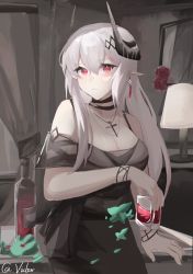 Rule 34 | 1girl, arknights, bare shoulders, black choker, black dress, bottle, breasts, choker, cleavage, commentary, cross, cross necklace, cup, dress, drinking glass, highres, holding, holding cup, horns, indoors, jewelry, lamp, large breasts, long hair, looking at viewer, mudrock (arknights), mudrock (obsidian) (arknights), necklace, parted lips, pointy ears, rechte.feng, red eyes, short sleeves, solo, upper body, white hair