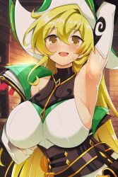 Rule 34 | 1girl, absurdres, arm above head, arm up, armpits, blonde hair, blush, breasts, elsword, eyebrows hidden by hair, female focus, grabbing own breast, hair between eyes, highres, indoors, large breasts, long hair, looking at viewer, nose blush, open mouth, pointy ears, rena erindel, sleeveless, smile, sollyz, solo, standing, upper body, yellow eyes
